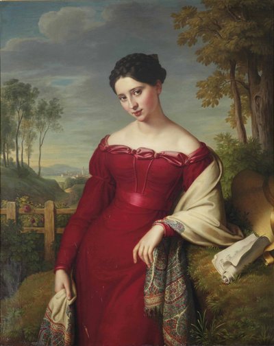 Portret van een jonge elegante dame door Eduard Friedrich Leybold